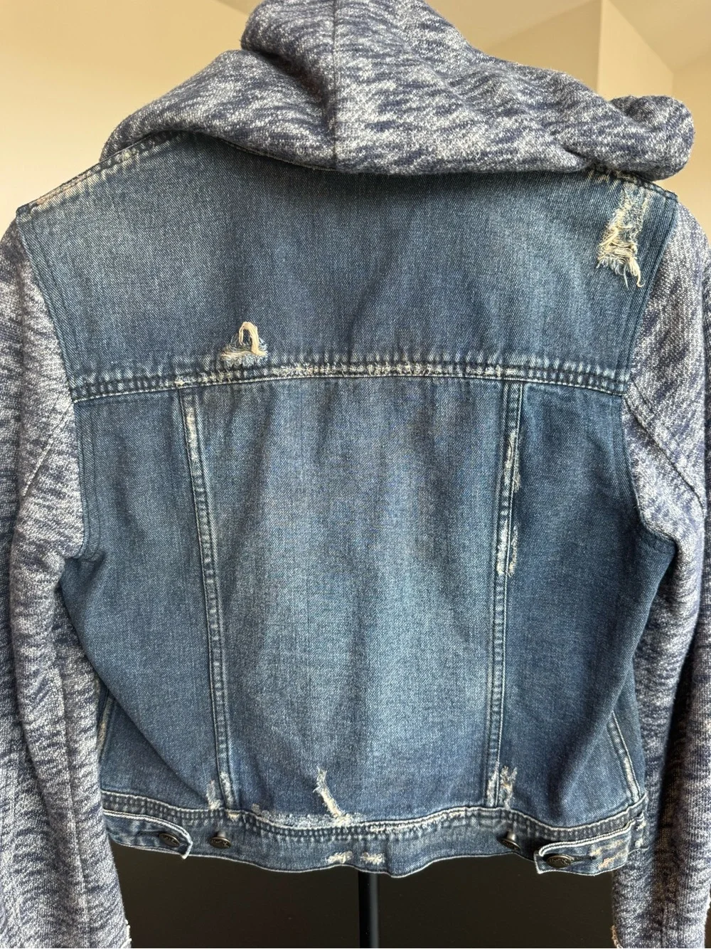 Vintage Free People Denim Hooded Jacket with Blue Knit Sleeves - Picture 3 of 5